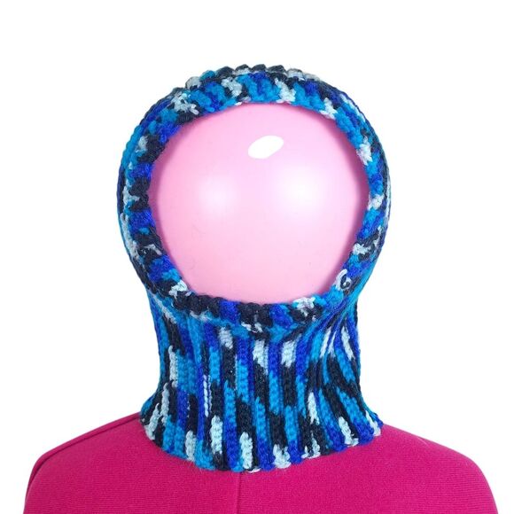 New Handmade Crochet Ribbed Balaclava Blue & Black Mask Hood Hats main image 9
